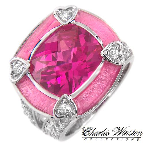 Charles Winston Lady in Pink enamel 11.16ct CZ of unusual style Sterling silver 12.2g