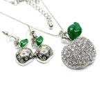 White gold Plate Designer Apple on a 16 inch thin ball chain 1 inch drop crystal apple with post apple earrings