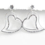 Silver and  rhodium crystal post dangle 2in long double hearts