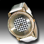 Ladies Chronovski white leather cz's surrounding large checkerboard face $49