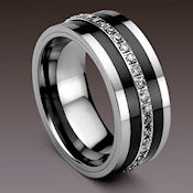 This Tungsten, Black Ceramic Zirconia with center diamoniques will be envied by all EXQUISITE!