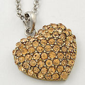 Silver and Topaz rhinestone heart pendant, 25in chain