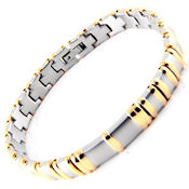 8258 $95 Two tone 316L stainless steel and gold plate, 8.5 long, 9mm wide, fold over clasp
